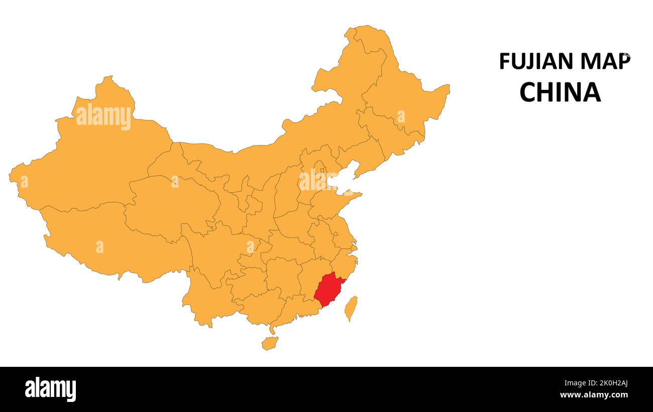 Fujian province map highlighted on China map with detailed state and region outline. Stock Vector