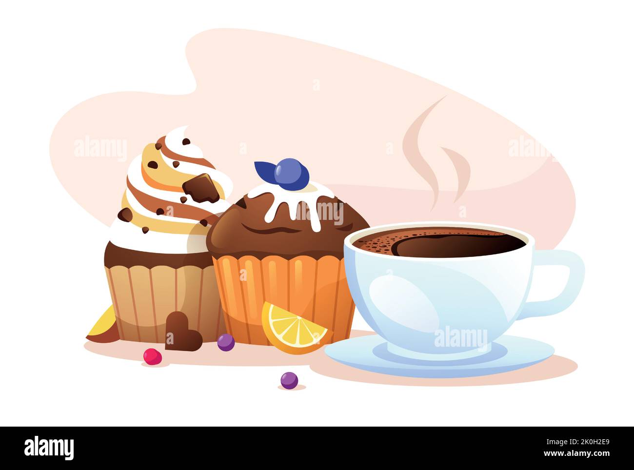 Cupcake and coffee. Cartoon muffins with cup of cappuccino, sweet morning food with hot beverage for restaurant cafe breakfast. Vector bakery Stock Vector