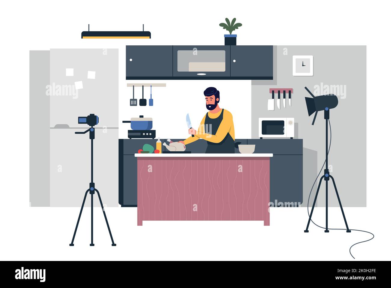 Cooking blogger. Cartoon person prepare food and streaming, trendy culinary vlogger making content and teaching. Vector modern cooking channel Stock Vector