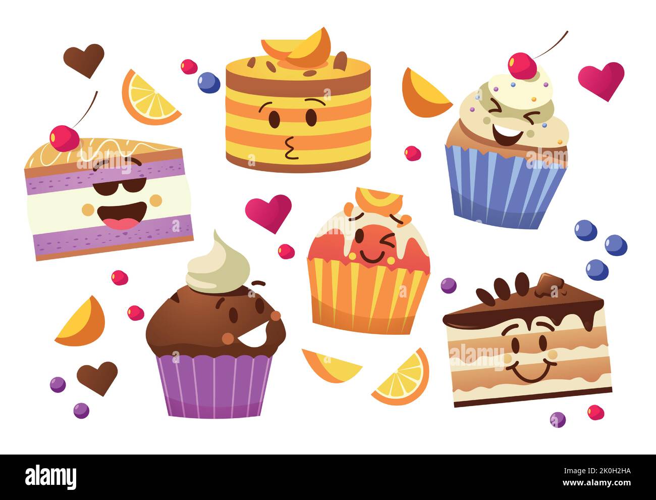 Cupcake characters. Kawaii cartoon muffins, sweet cake mascots with cute emoticon faces, tasty bakery food funny stickers. Vector pastry set Stock Vector
