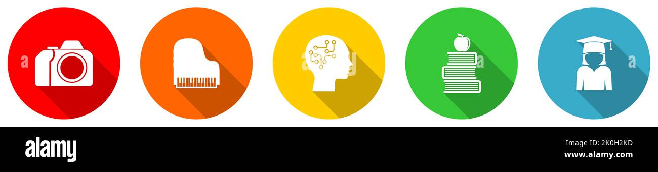 Set of colorful web flat design arts and education vector icons, study ...