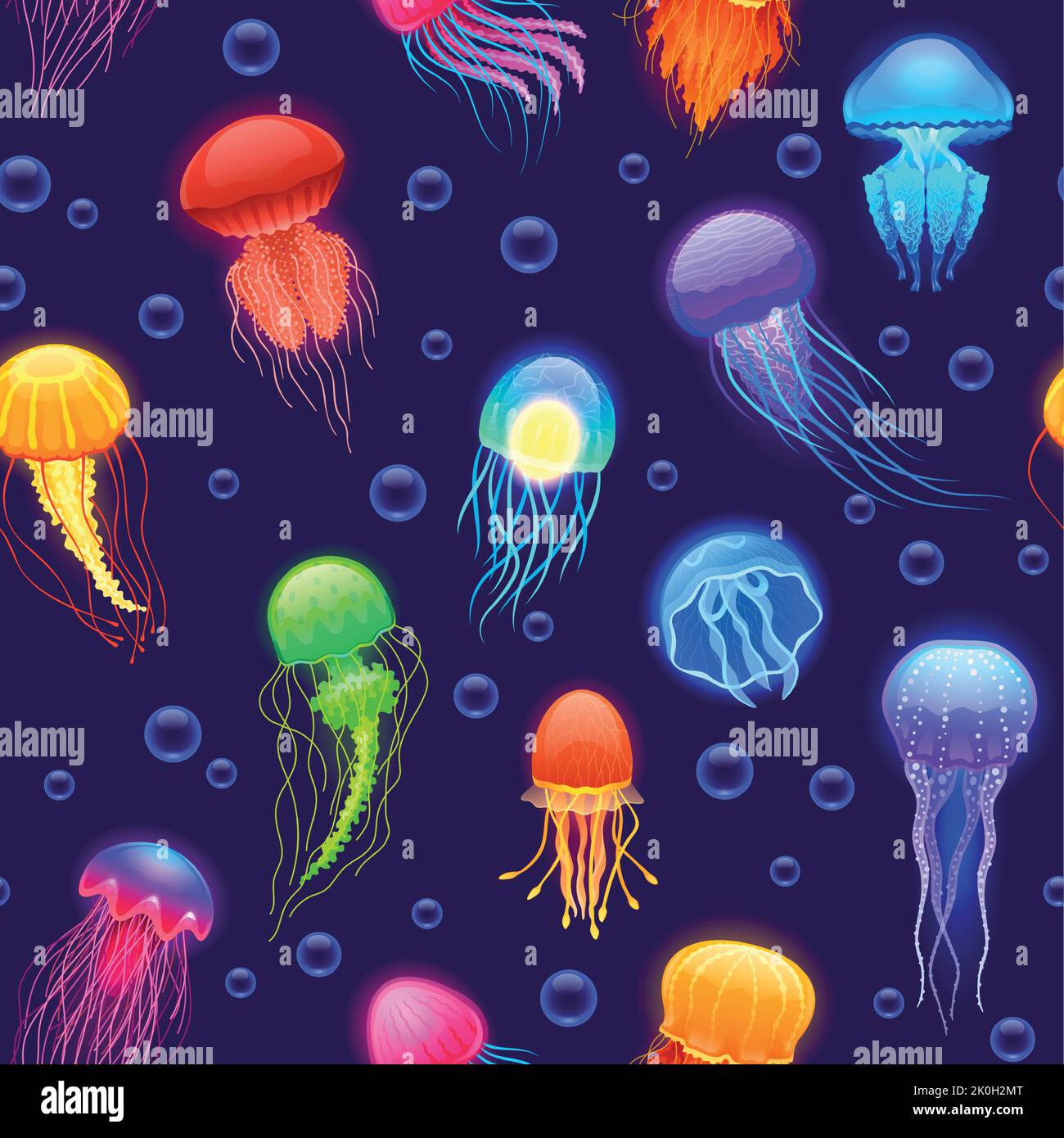 Jellyfish pattern. Seamless print of cute colorful cartoon sea animal, transparent underwater creatures of different shapes and colors. Vector texture Stock Vector