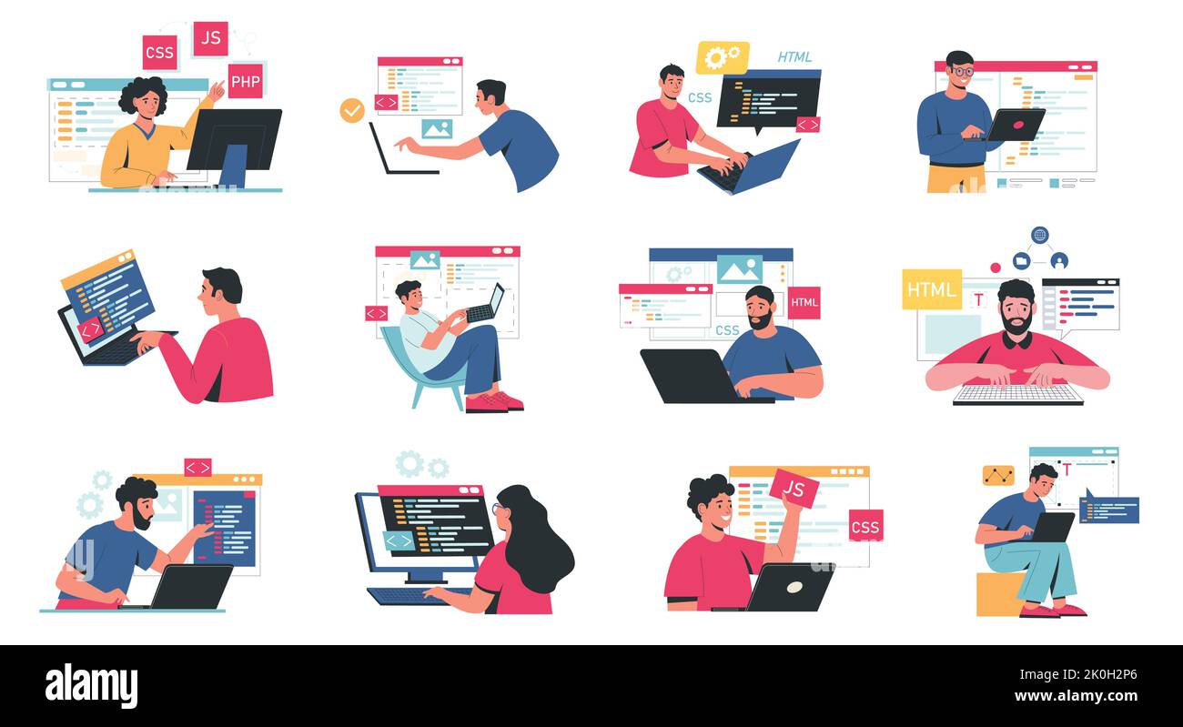 Front end and back end development. Abstract characters working on responsive web design, website app interface, programmers coding and creating Stock Vector