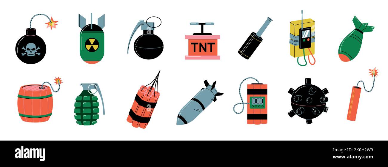 Bomb collection. Cartoon TNT explosive weapon, bombs dynamite grenade missile mine and nuclear bomb doodle game asset. Vector doodle weapon set Stock Vector