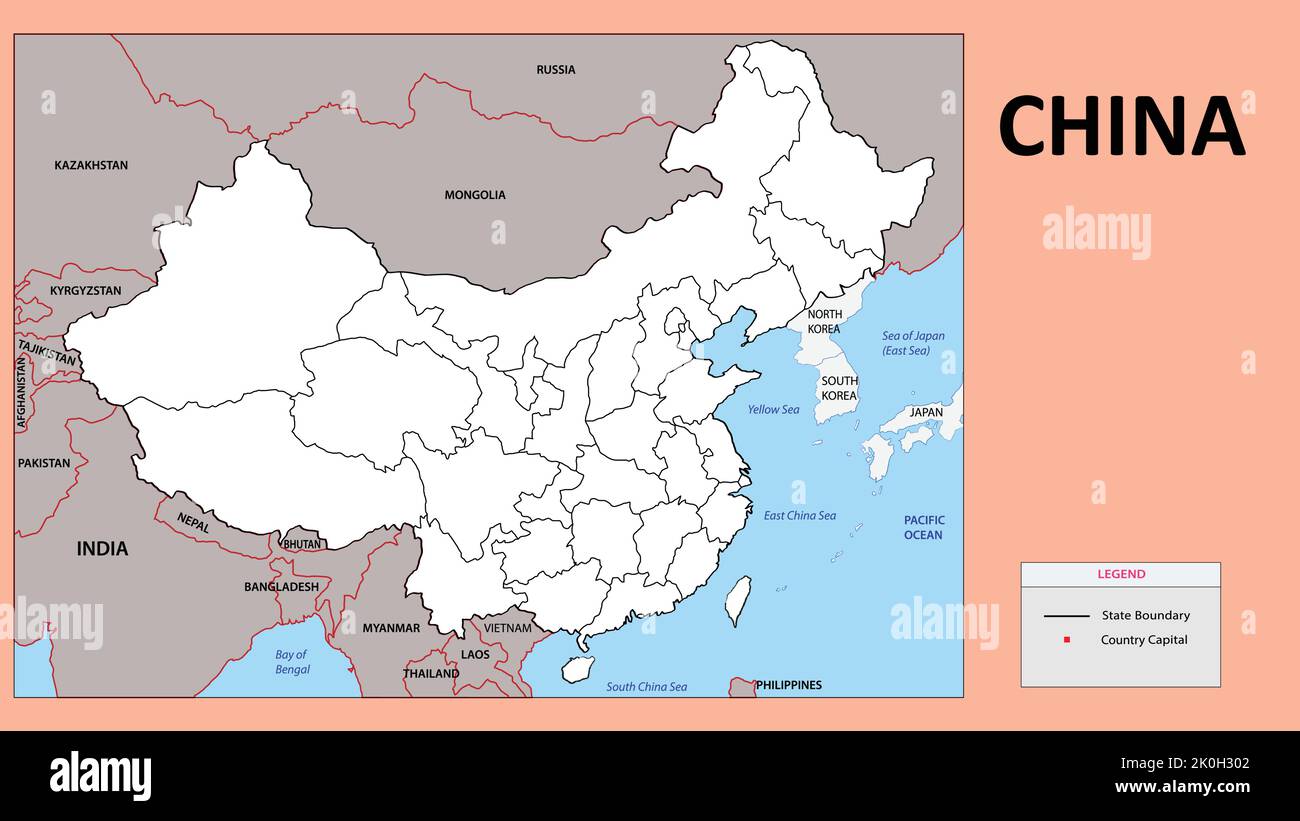 China Map. State and province map of China. Political map of China with outline and black and white design. Stock Vector