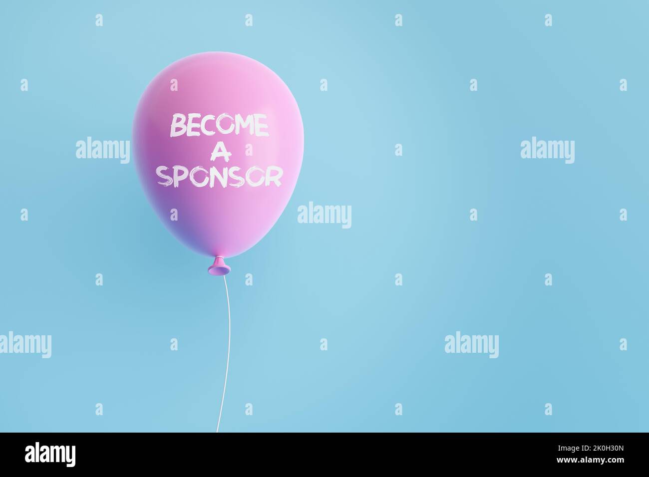 Pink flying air helium balloon with the announcement message BECOME A SPONSOR. Sponsorship, support or charity donation. 3D rendering. Stock Photo