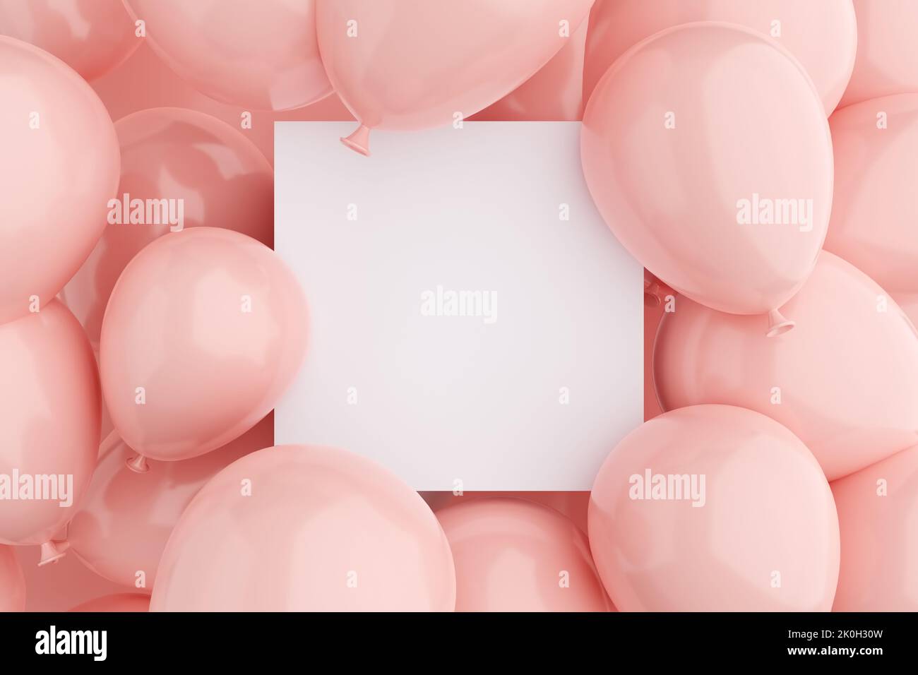 Empty blank white sign or frame surrounded with pink air balloons. Background or mockup for celebrations, party, greetings and invitations. 3D renderi Stock Photo