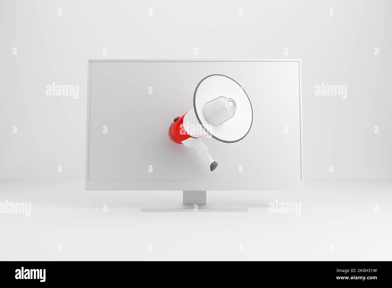 Megaphone loudspeaker through a pc computer screen. Internet advertising or cyberspace communication concept. 3D rendering. Stock Photo