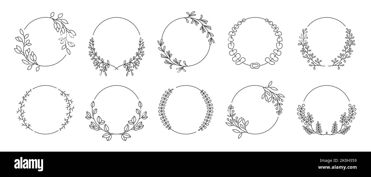 Round decorative floral frames. Line sketch of laurel branches and circle borders for tattoo and greeting card framing. Vector wedding invitation Stock Vector