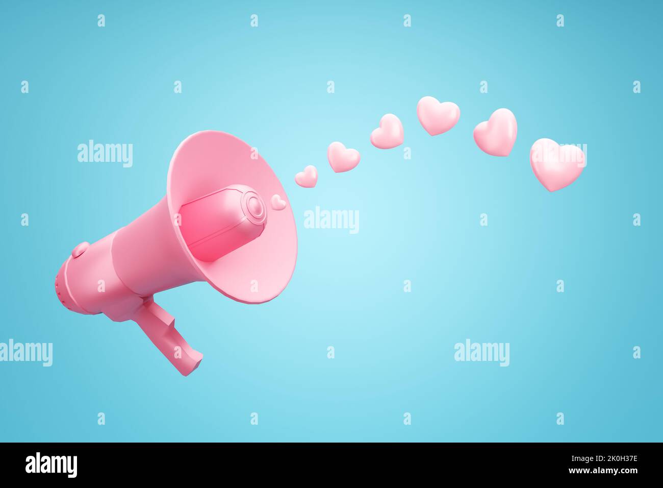 Announcement of love, romantic message, marriage proposal or valentines day celebration. Pink hearts spreading from a megaphone. 3D rendering. Stock Photo