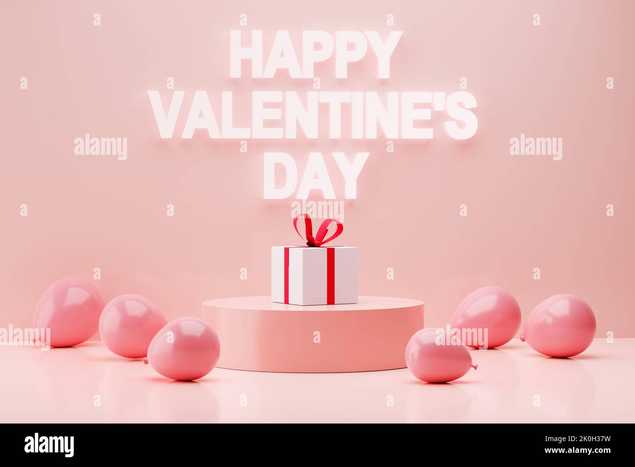 The greeting message happy valentine's day on the wall with gift box on a podium and balloons. Valentine day celebration. 3D rendering. Stock Photo