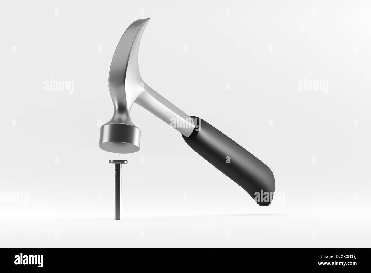 Claw hammer with black plastic handle hitting a nail on white background. 3D rendering. Stock Photo