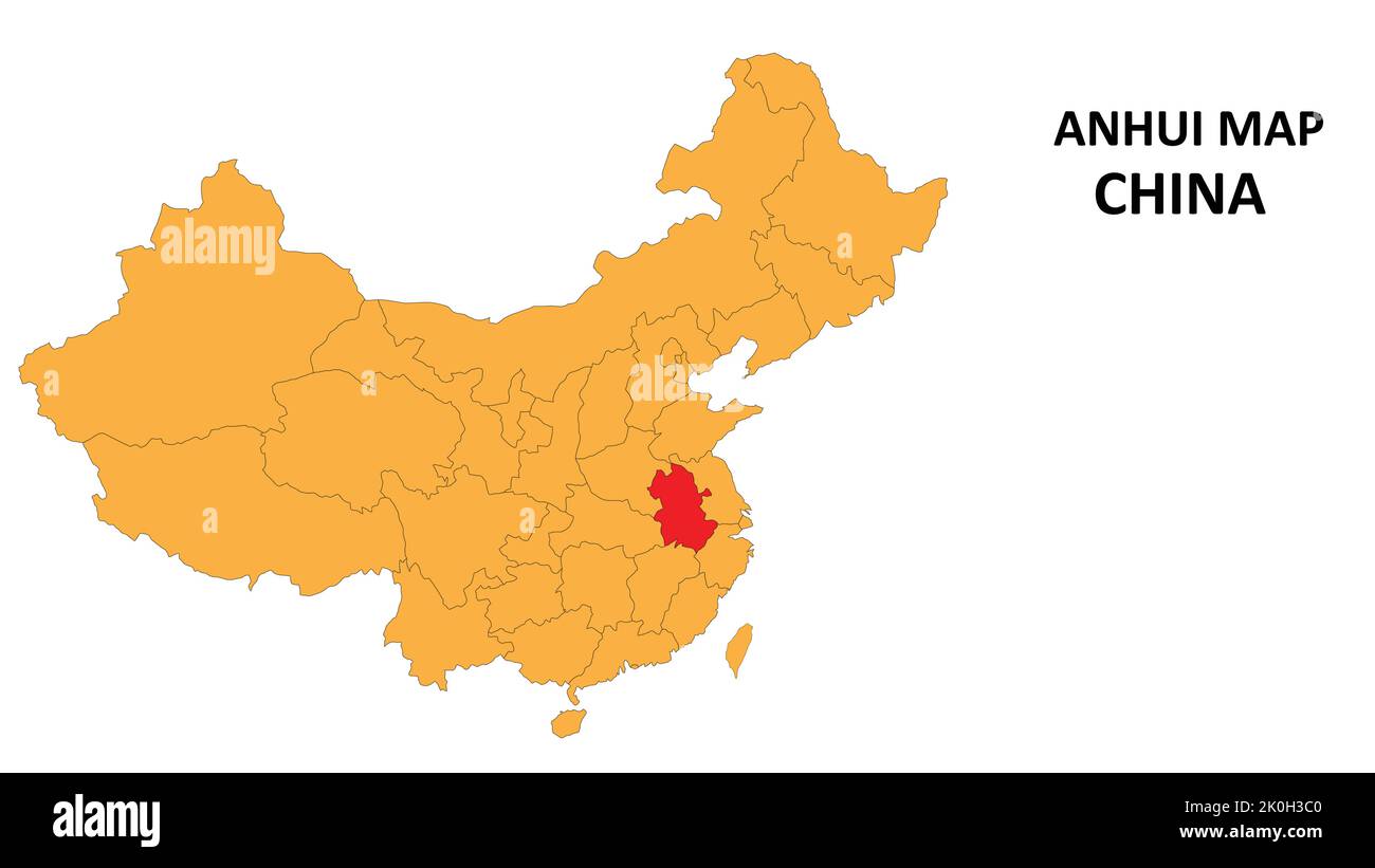 Anhui province map highlighted on China map with detailed state and region outline. Stock Vector