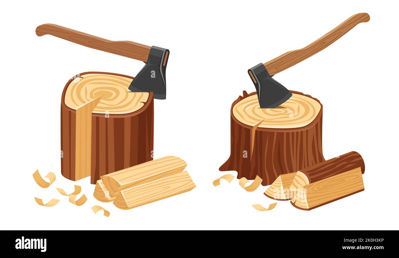 Axe tool in tree stump. Camping ax cuts wood or firewood. Logs and timber materials, natural lumber concept vector Stock Vector