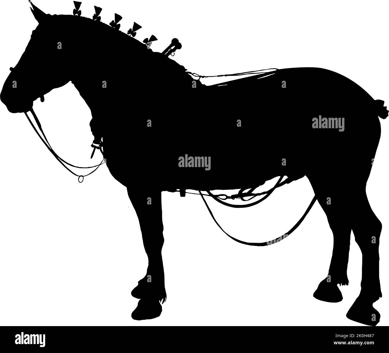 Percheron Horse silhouette with driving tack Stock Vector