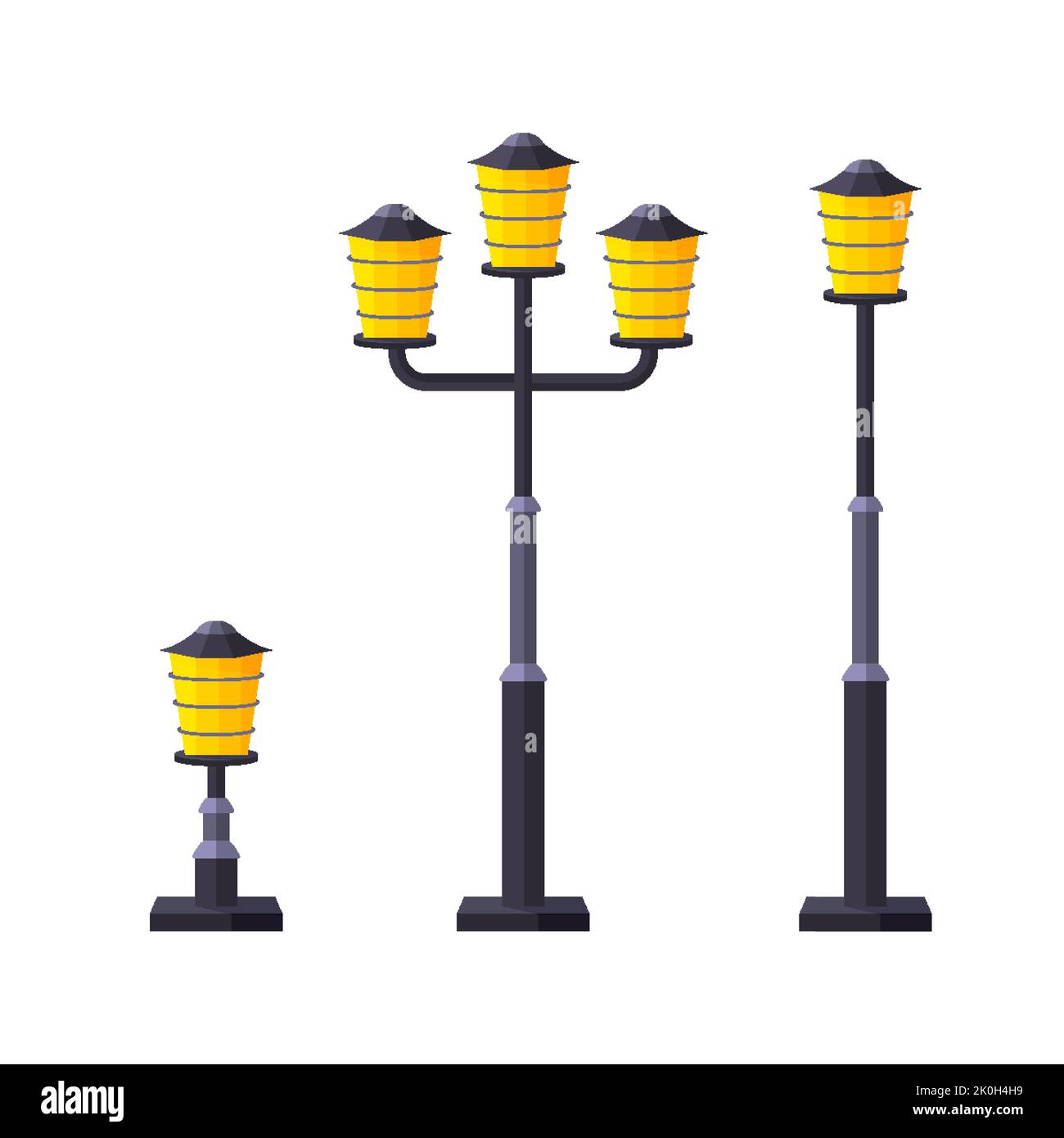 Lighting outdoor garden urban fixture flat set. Front street lamp spot outside inside building courtyard technique street. Modern classic gothic style various size design road electricity isolated Stock Vector