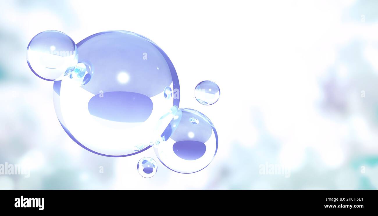 Blurred background of light blue color with five clear glass balls. Horizontal banner with empty glass ball of blue color. Mock up template. Copy spac Stock Photo
