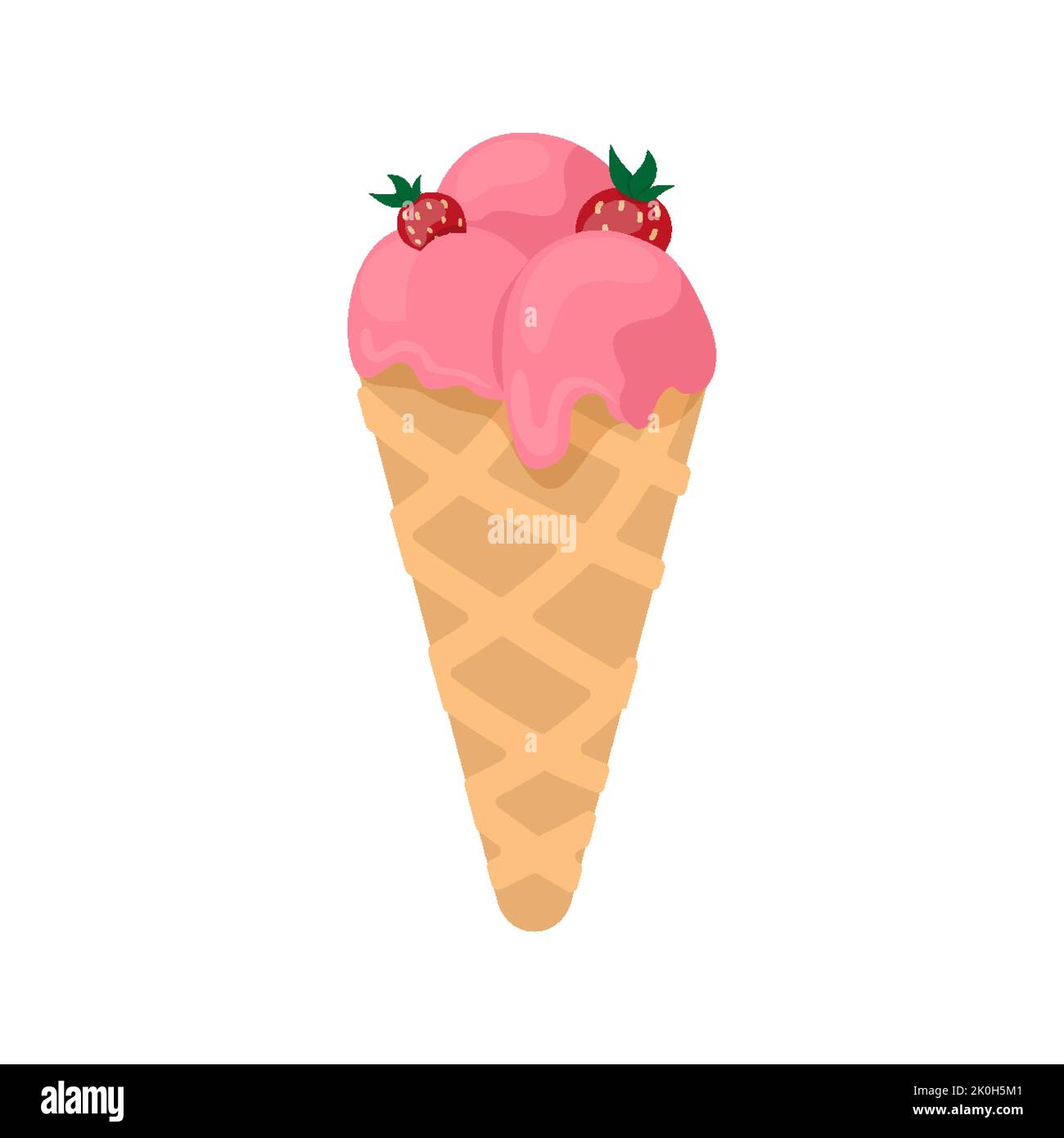 Strawberry icecream waffle horn fruit berry flat. Doodle sloppy style sticker label fresh summer print icon ad decor kid holiday sweet dessert template menu modern handmade business craft isolated Stock Vector