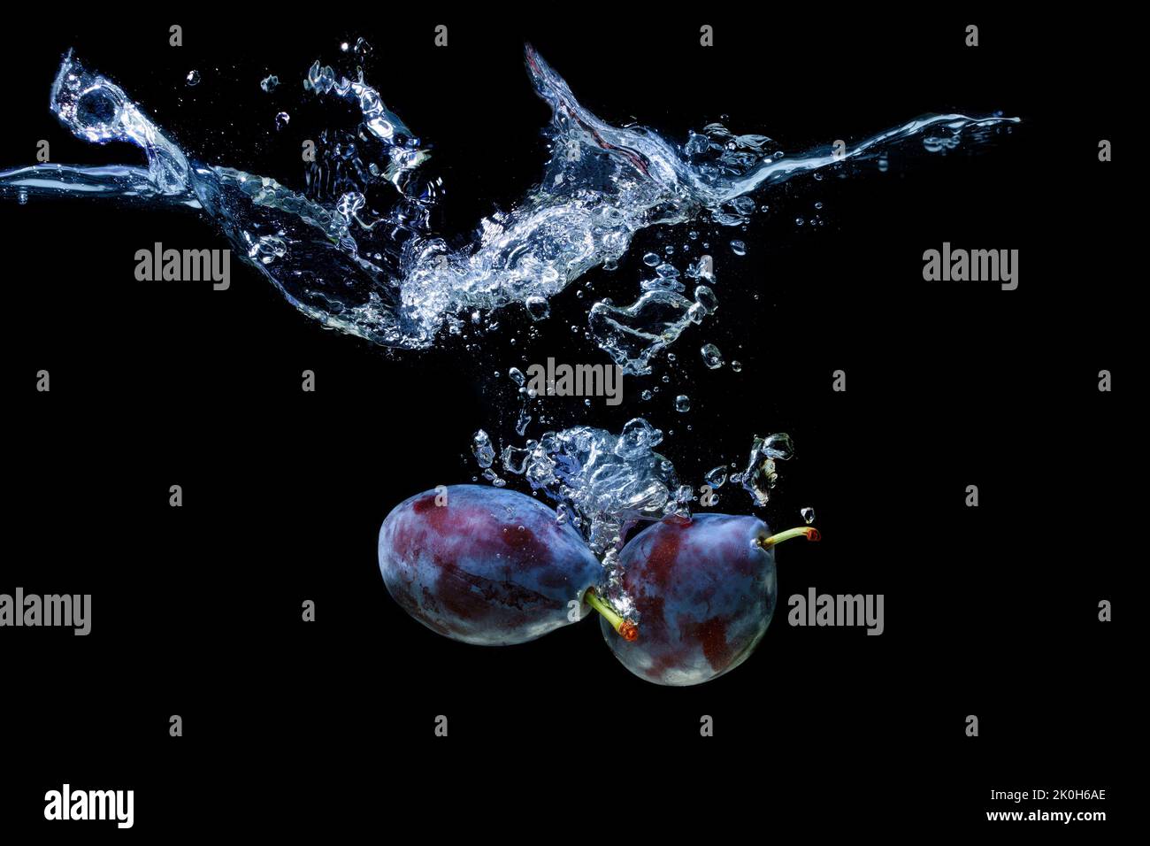 Damson plums dropped in water with splashes and waves isolated on black background. Stock Photo