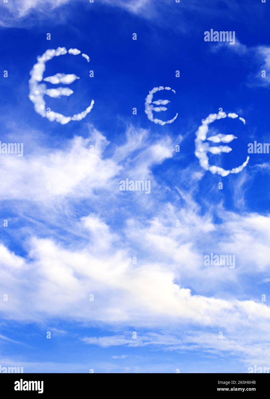 Money making. Euro sign in the clouds. Cloud shaped as european currency symbols. Euro symbol made of cloud. Business, development and prosperity conc Stock Photo