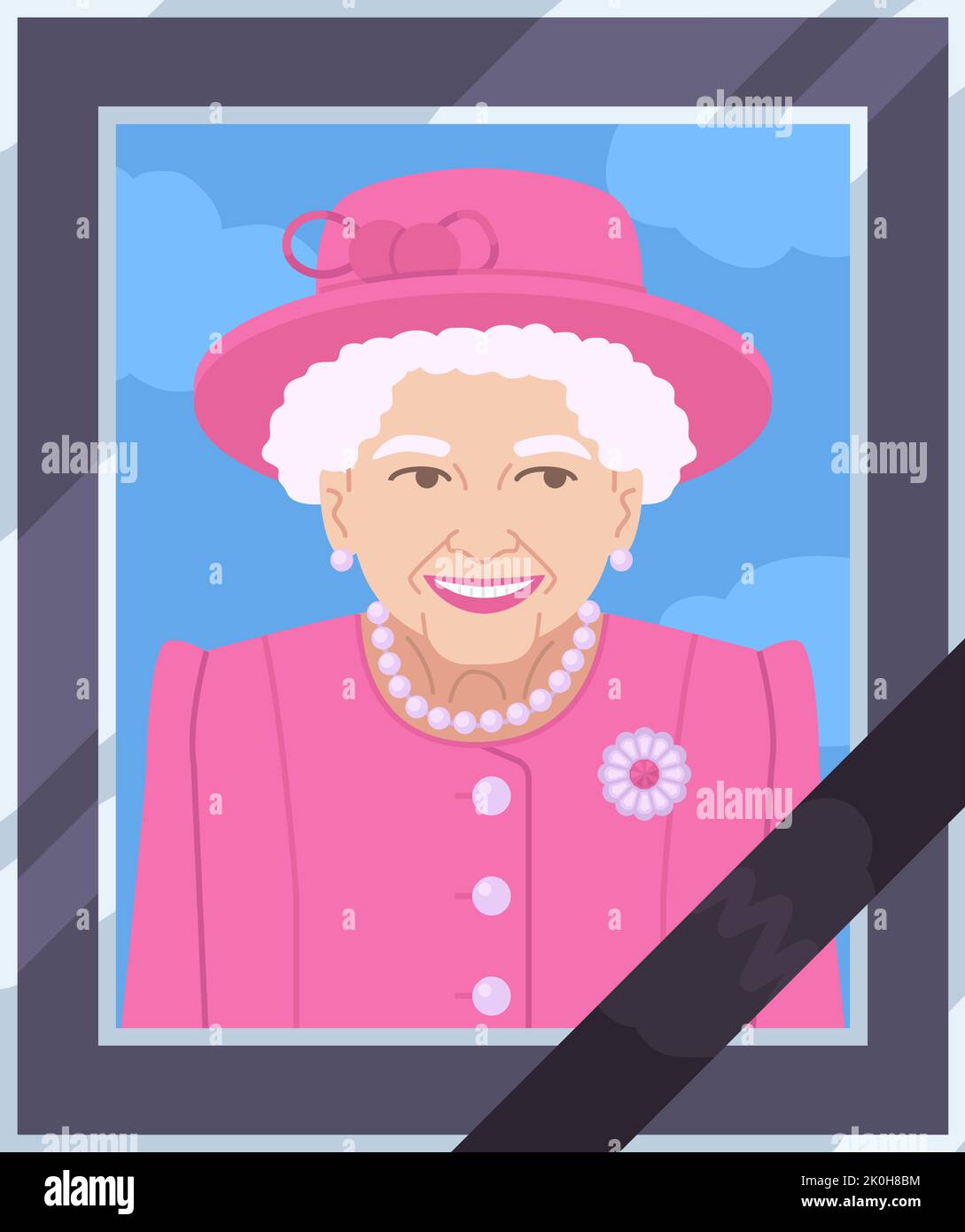 Queen Elizabeth II portrait in pink costume with hat photo frame with black ribbon. In memory of monarch concept. Britain s queen pass away tribute. Stock Vector