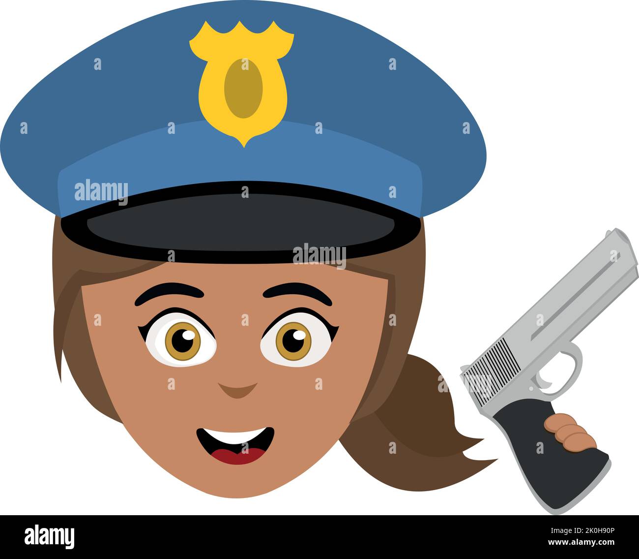 Vector emoticon illustration of a brunette policewoman cartoon, with a hat and gun in hand Stock Vector