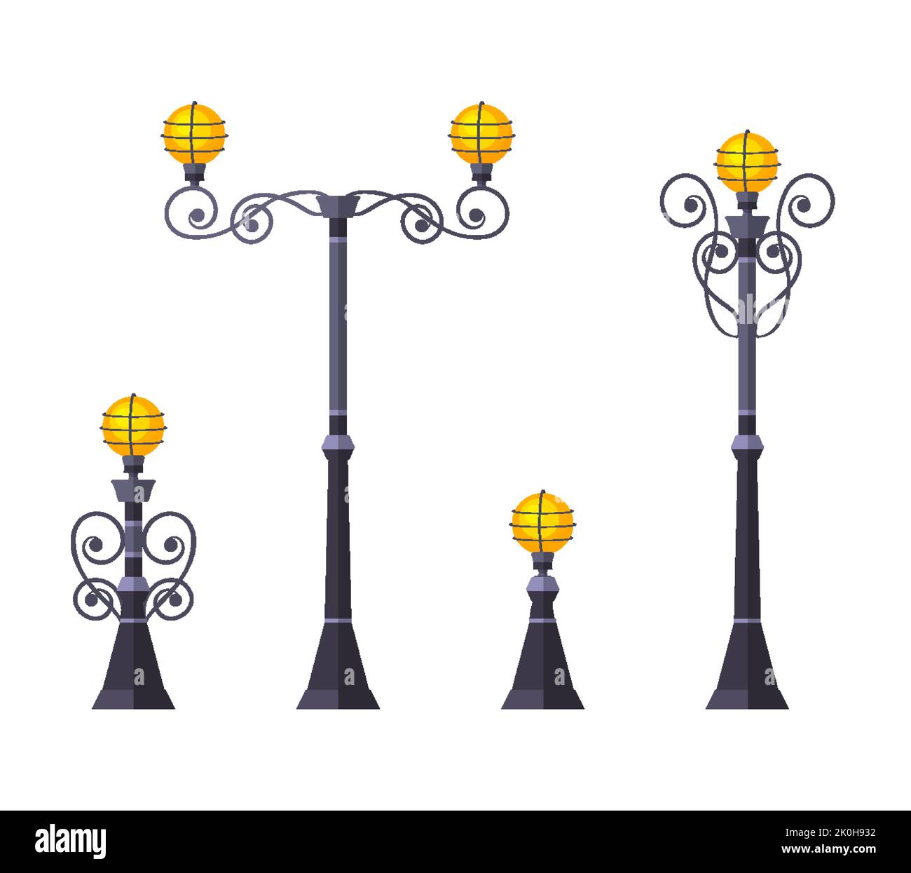 Lighting outdoor garden urban fixture flat set. Front street lamp spot outside inside building courtyard technique street. Modern classic gothic style various size design road electricity isolated Stock Vector