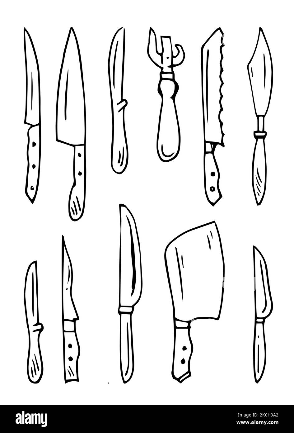 Kitchen knives for various purposes. Set of elements. Cooking appliances. Outline hand drawn sketch. Drawing with ink. Isolated on white background Stock Vector