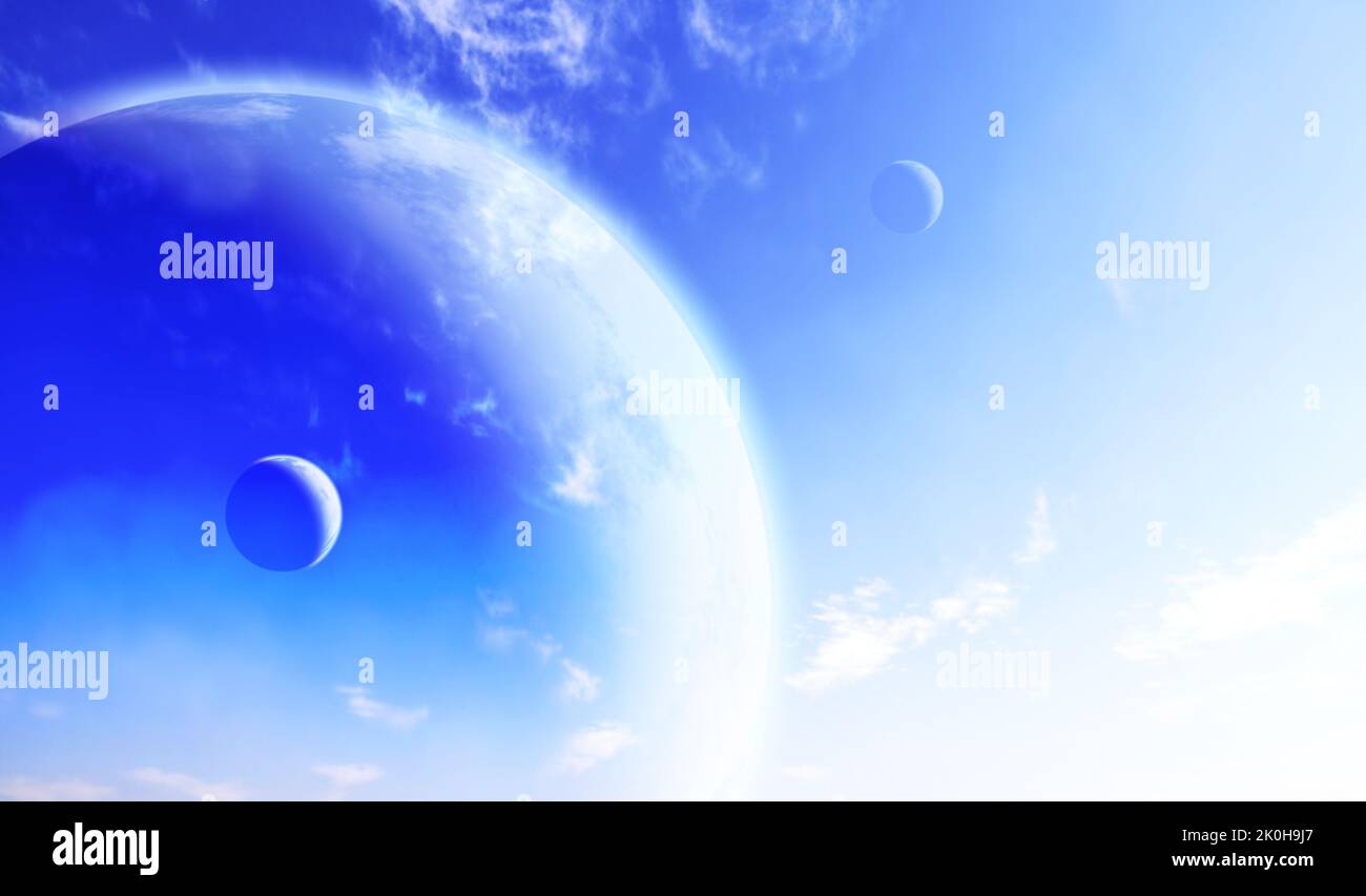 Horizontal banner with fantastic blue sky, white clouds and three planets. 3d render. Elements of this image furnished by NASA Stock Photo