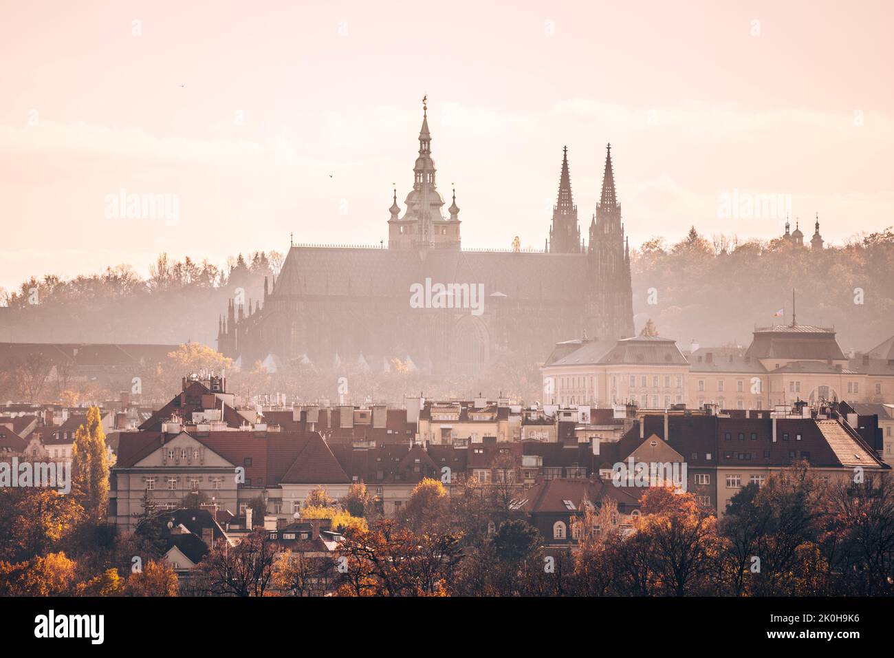 Silhouette of Saint Vitus Cathedral in autumnal haze Stock Photo