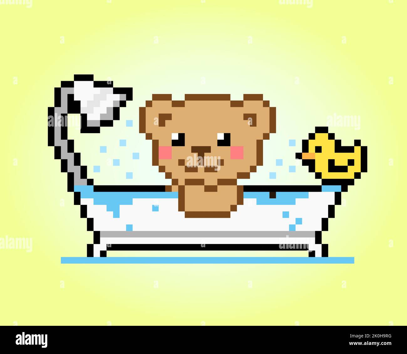 Pixel 8 bit cute bear bathing with rubber duck. Animal game assets in vector illustration. Stock Vector