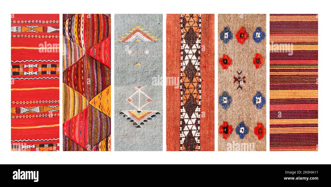 Set of vertical or horizontal banners with textures of berber traditional wool carpet with geometric pattern, Morocco, Africa Stock Photo