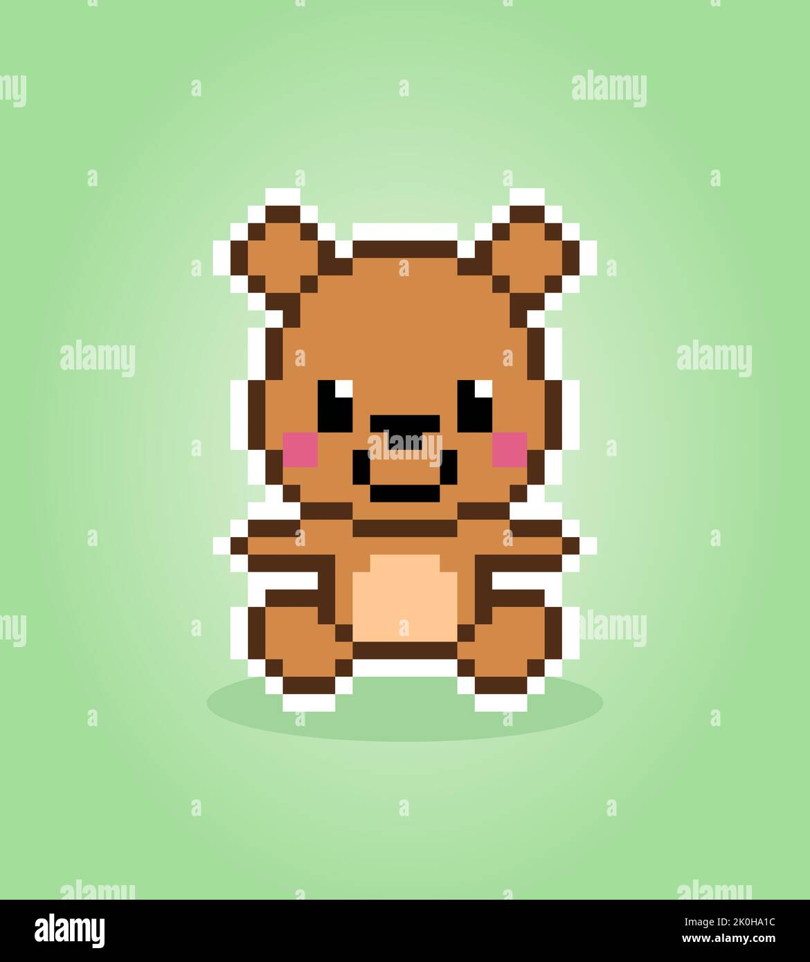Pixel 8 bit brown bear sitting. Animal game assets in vector