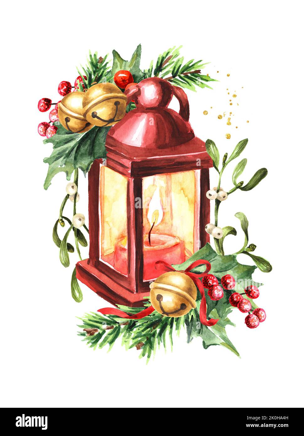 Christmas Lantern with Winter festive decor . Hand drawn watercolor ...