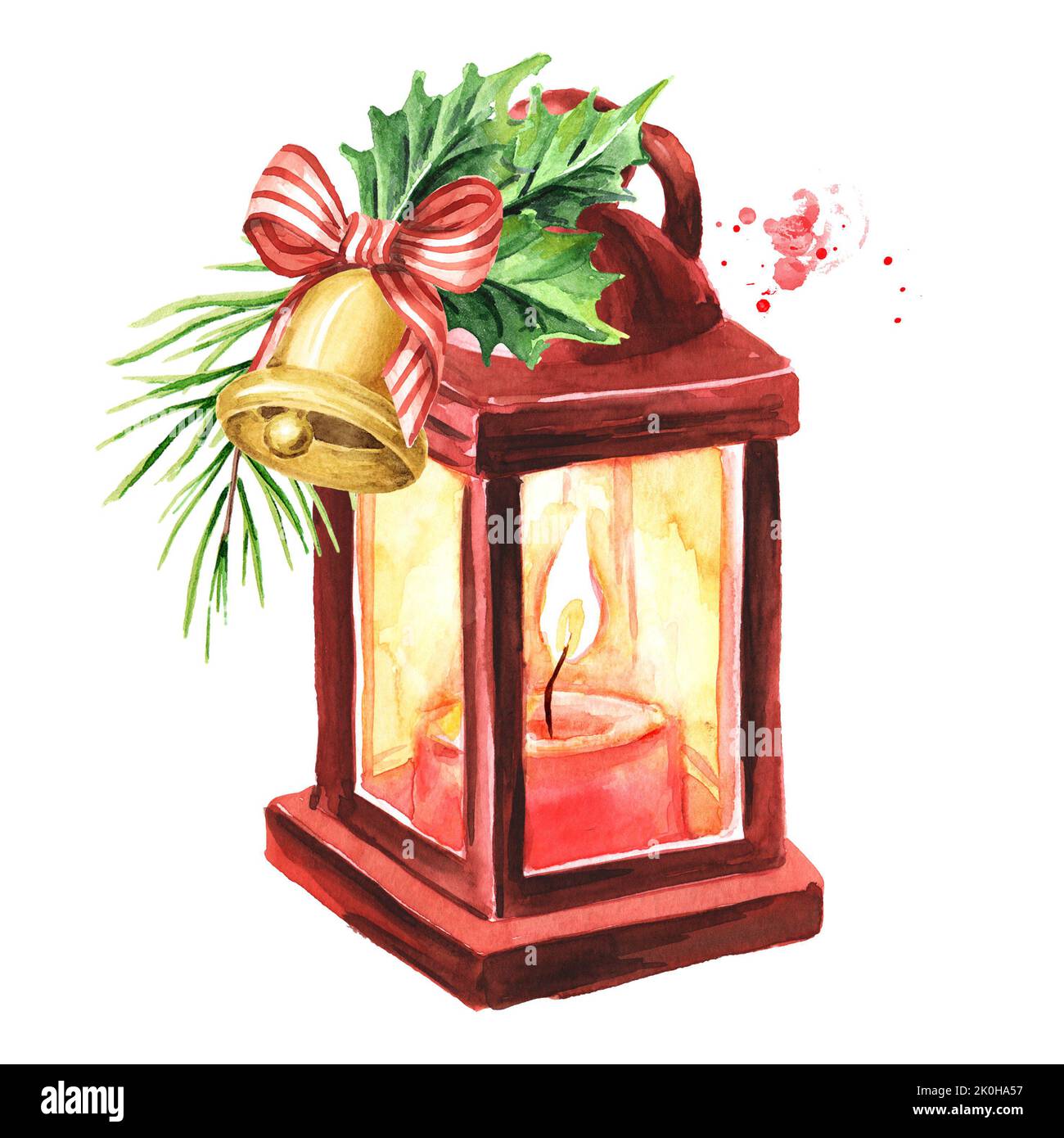 Christmas Lantern with Winter festive decor . Hand drawn watercolor ...