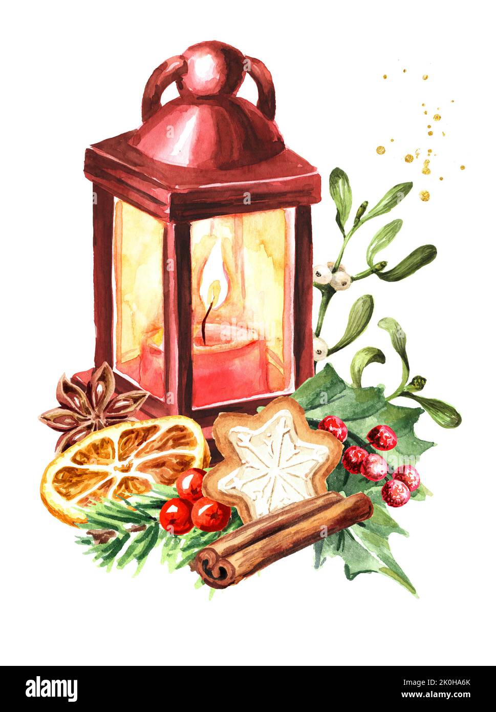 Christmas Lantern with Winter festive decor . Hand drawn watercolor ...