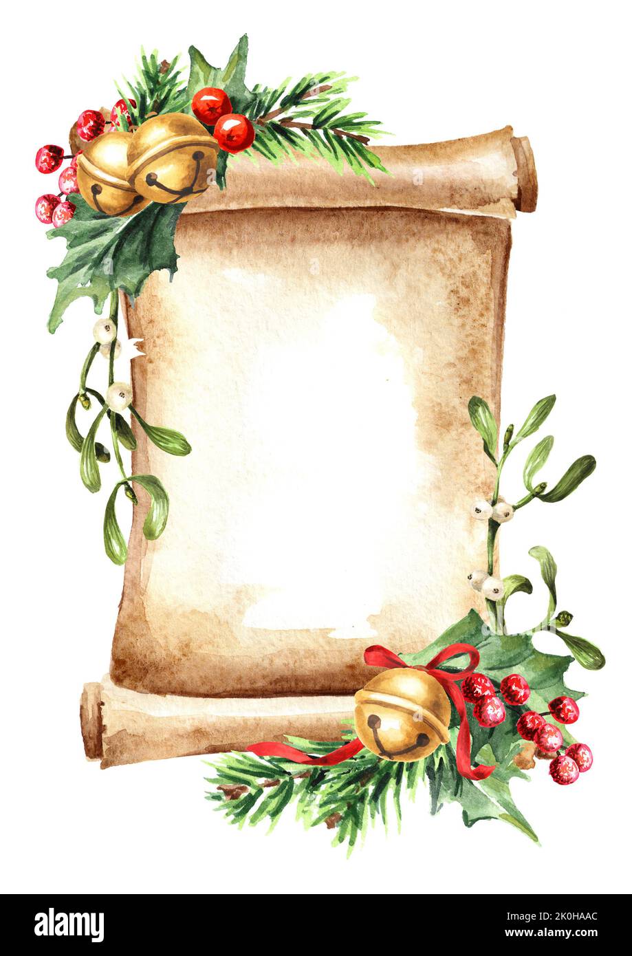 Christmas Scroll with copy space and Winter festive decor. Hand drawn