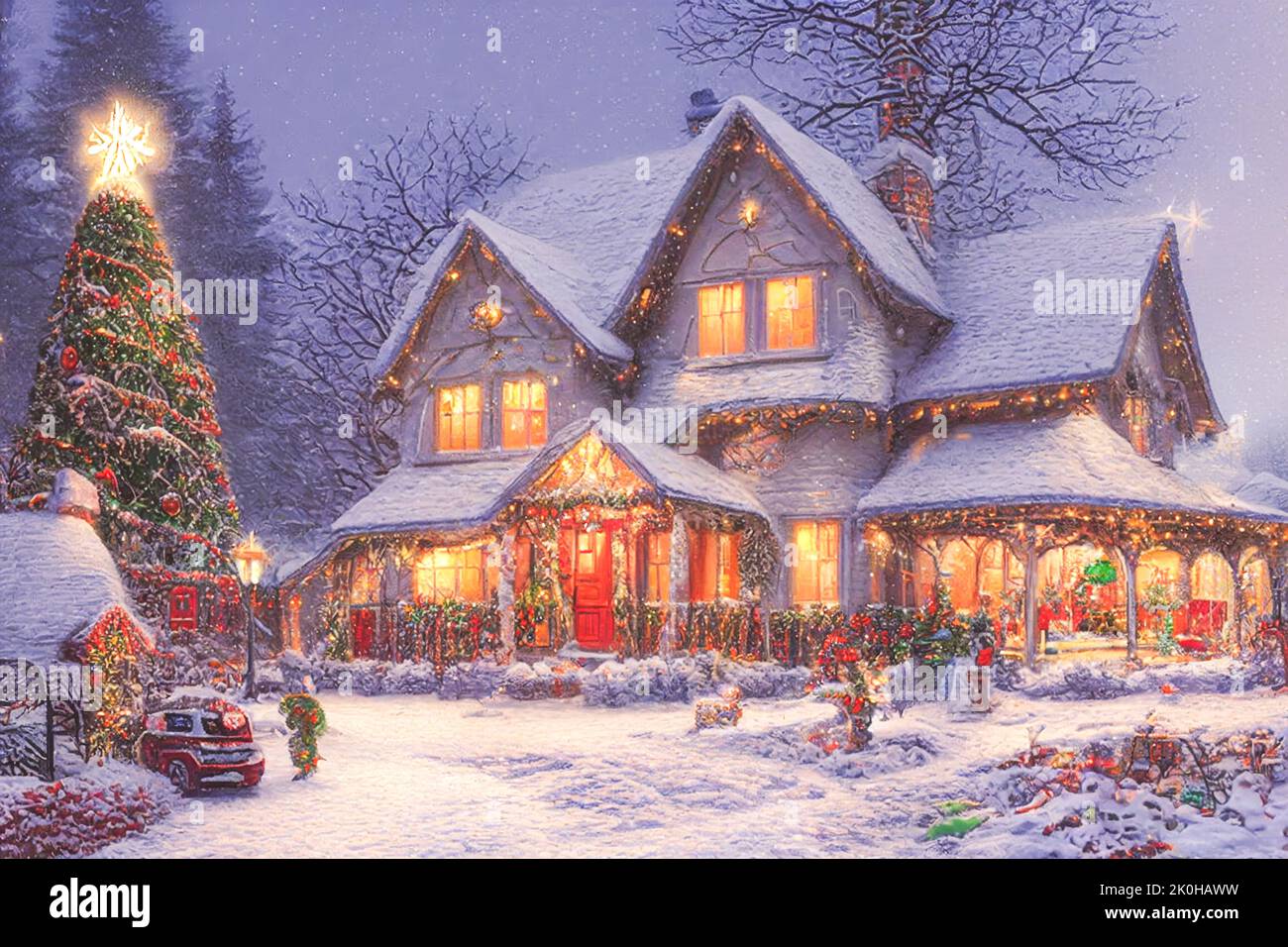 3D illustration of a Christmas tree house with ornaments and colored