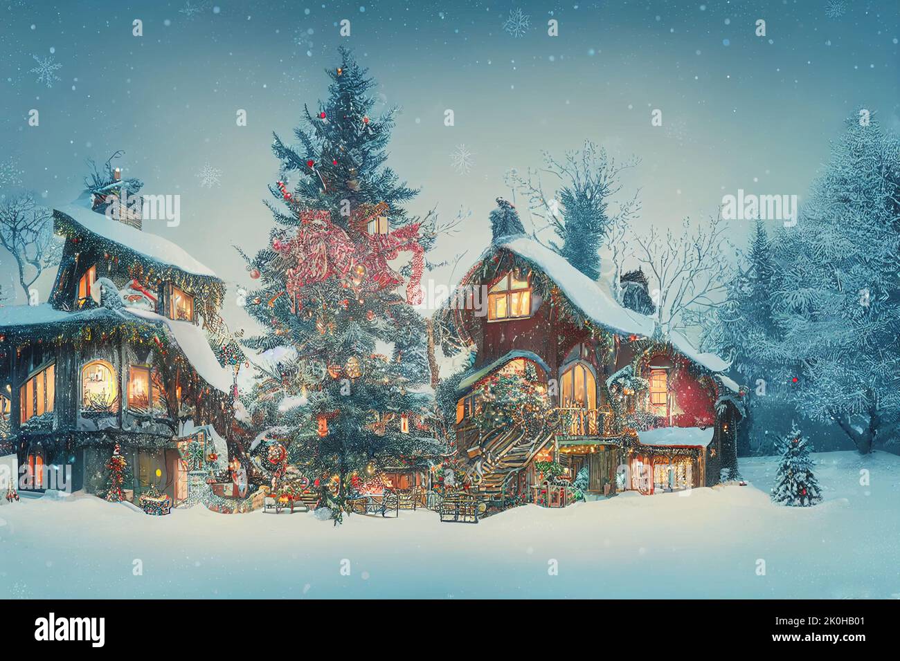 3D illustration of a Christmas tree house with ornaments and colored lights, surrounded by snow. Beautiful Wallpaper Stock Photo