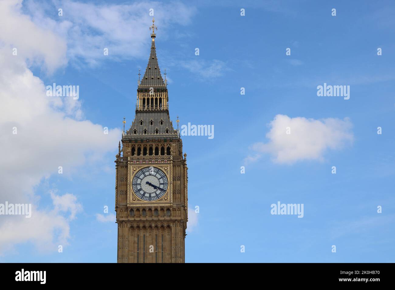 11 September 2022 - London UK: Big Ben from below against blue autumn sky Stock Photo
