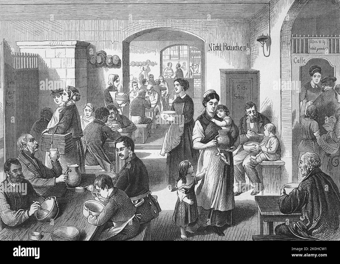 Die neue Volksküche für Arme und Bedürftige, begründet von Lina Morgenstern, 1869, Berlin, Deutschland  / The new people's kitchen for the poor and needy, founded by Lina Morgenstern, 1869, Berlin, Germany, Historisch, digital restaurierte Reproduktion einer Originalvorlage aus dem 19. Jahrhundert, genaues Originaldatum nicht bekannt  /  historical, digital improved reproduction of an original from the 19th century Stock Photo