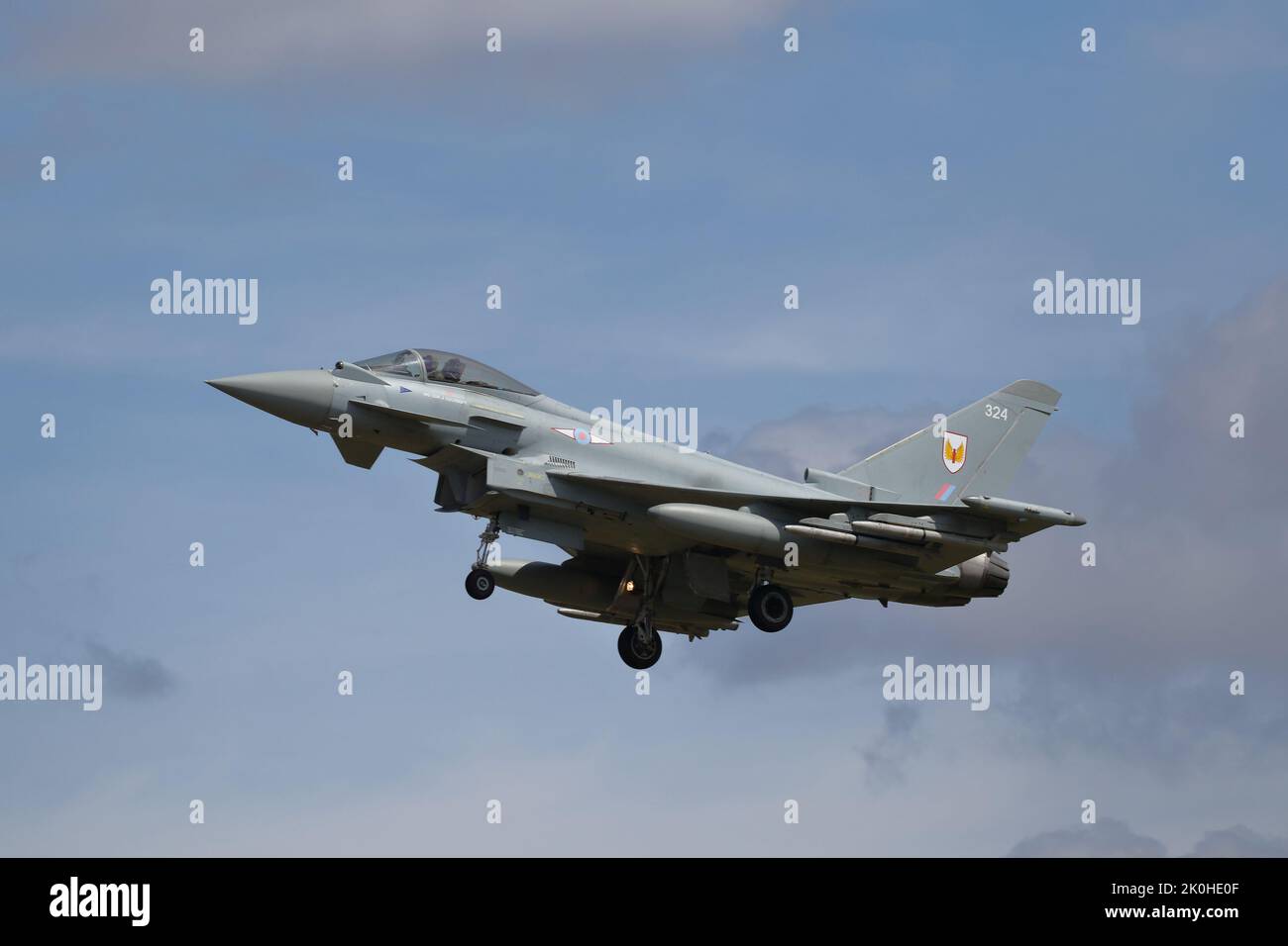Fairford, UK, 14th July 2022, An RAF Typhoon fighter arrives for the RIAT Royal International Air Tattoo Stock Photo