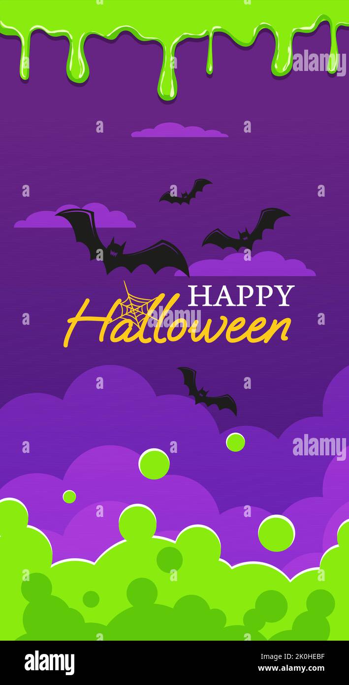 Happy Halloween text against night cloudy sky with bats vapors of poisonous green fog and green slime Stock Vector