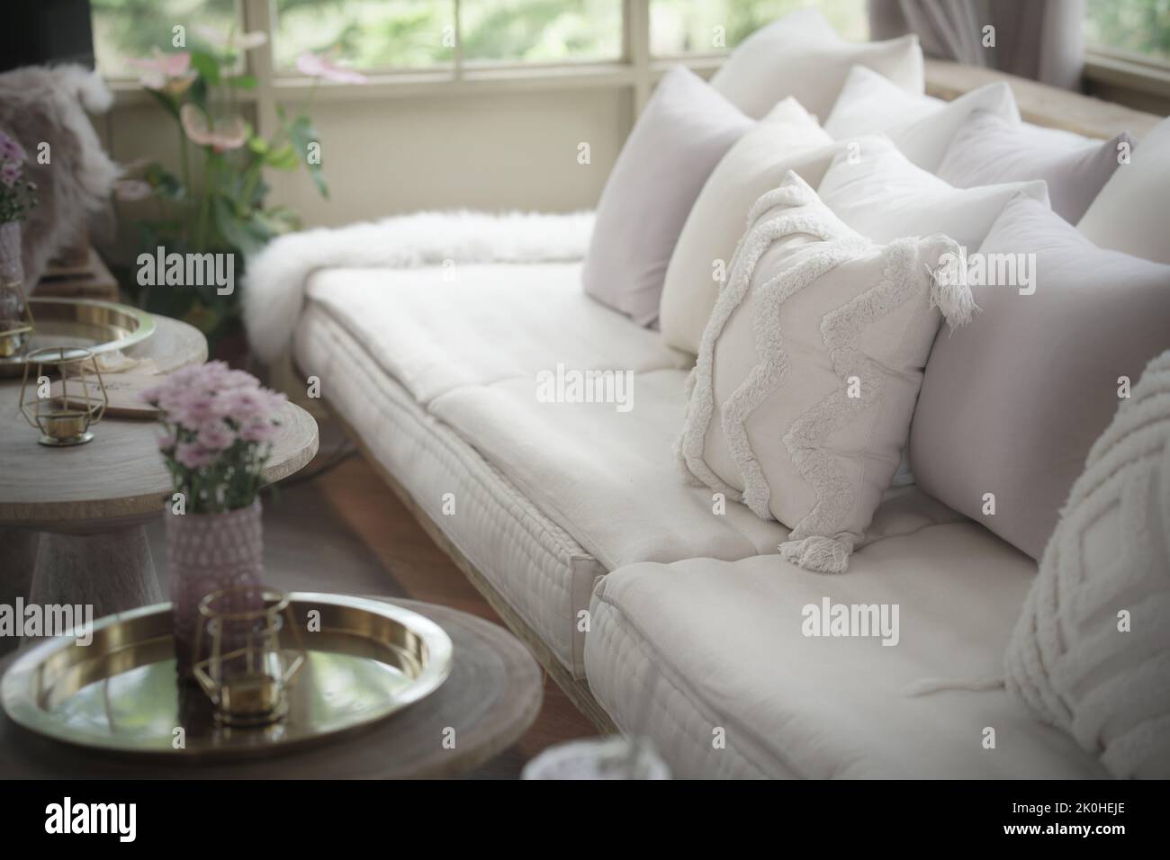 white pillow on sofa couch in living room Stock Photo