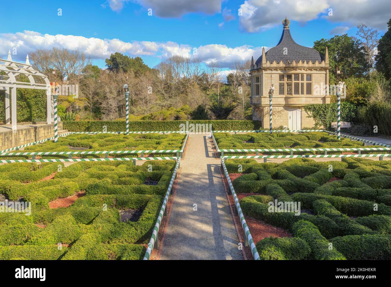 The Tudor Garden, a recreation of an Elizabethan-era English garden in Hamilton Gardens, a park in Hamilton, New Zealand Stock Photo
