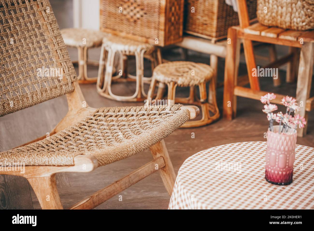 wicker rattan chair on terrace balcony. home interior Stock Photo