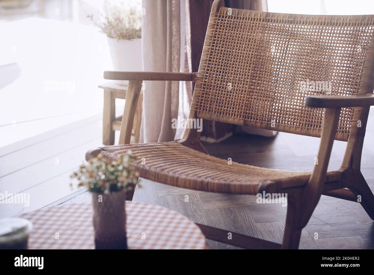 wicker rattan chair on terrace balcony. home interior Stock Photo