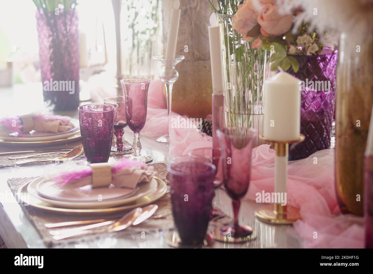 glass dishware on dining table. party banquet celebration Stock Photo