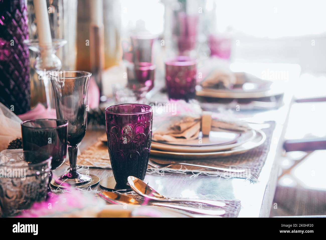 glass dishware on dining table. party banquet celebration Stock Photo