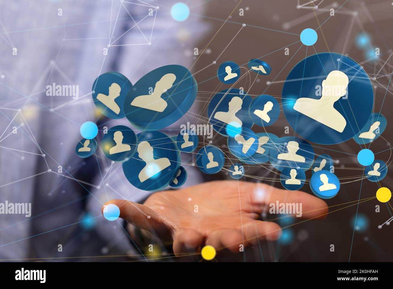 A group of 3D rendered profile icons hovering over a man's hand Stock ...